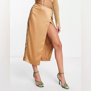 Topshop Co-ord Satin Wrap Midi Skirt – Camel
